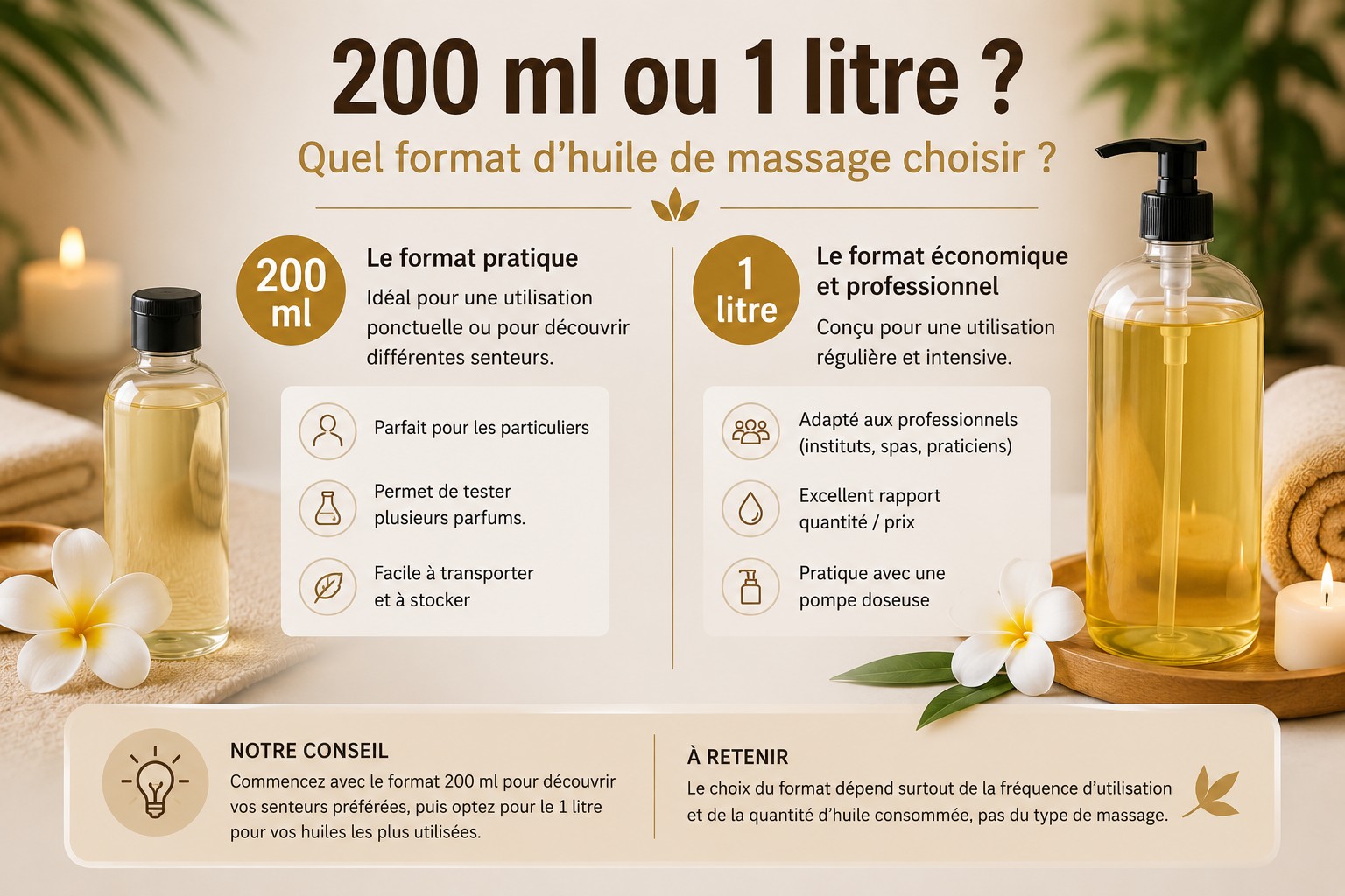 Huile de massage 200 ml ou 1 litre : quel format choisir